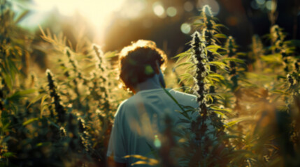 Fototapeta premium A young man working in a marijuana farm with sunlight and soft shadows.