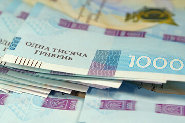 Banknotes 1000 Hryvnia. Real Ukrainian paper money of blue yellow color