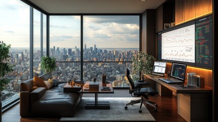 Fototapeta premium Modern office with cityscape view and large screen displaying charts, perfect for a successful businessman.