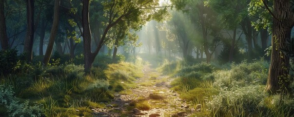 Fototapeta premium Peaceful forest path with sunlight filtering through the trees, 4K hyperrealistic photo