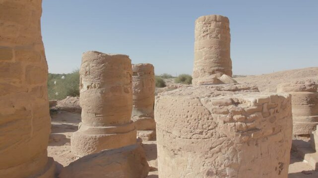 Sudan, Karima, hatoric style columns in the courtyard of the temple of amun