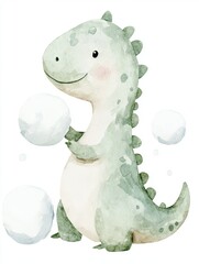 Naklejka premium Cute dinosaur character playing with snowballs
