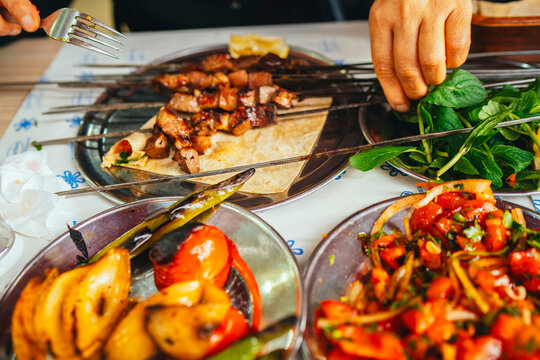 Delicious grilled beef liver. Beef liver placed on lavash is ready to be eaten.