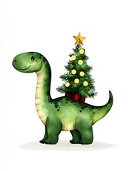 Fototapeta premium Cheerful dinosaur with a Christmas tree on its back