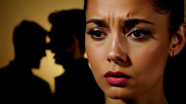 Close-up of a worried young woman with dark hair and a concerned expression; silhouettes of a kissing couple in the background