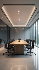 A sleek, modern conference room with a large wooden table, black chairs, and ceiling lights, representing business, meetings, and professionalism. The image emphasizes corporate culture and workspace