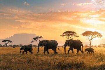 Fototapeta premium A group of elephants strolls through the golden savanna at sunset, silhouetted against a stunning backdrop of mountains. Generative AI