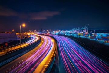 Bright city lights shine at night. The busy highway creates a vibrant motion. Cars streak by in colorful patterns. A blend of energy and urban life. Generative AI