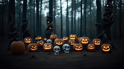 Fototapeta premium Halloween scene in a dark forest with numerous carved jack-o'-lanterns and two skulls illuminated by candlelight, surrounded by twisted tree trunks.