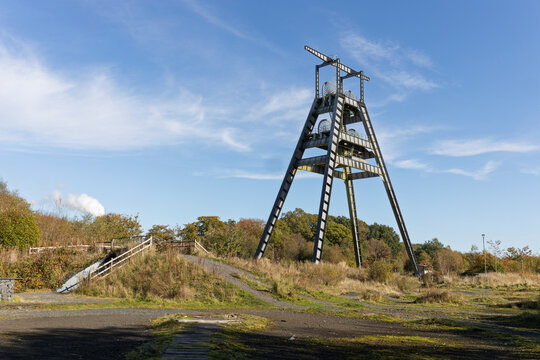 Barony A-Frame pithead winding head gear tower memorial and visitor park, historic industrial heritage site East Ayrshire Scotland