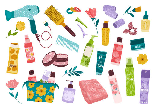 Female decorative beauty products and cosmetic in bottles, tubes, jars and dispensers for hair care: beauty accessories, shampoo, hairdryer, masks, cosmetic bag. Isolated flat vector illustrations.