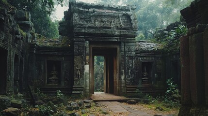 Fototapeta premium Angkor Thom: Stone Gateway to Ancient Khmer Temple in Siem Reap, Cambodia