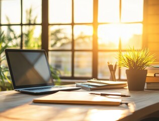 Fototapeta premium Laptop Workspace Sunset.