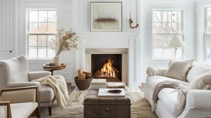 Fototapeta premium A cozy and intimate fireside-inspired living space design featuring a white canvas backdrop, Furnished with plush seating and a roaring fireplace, Fireside chic style