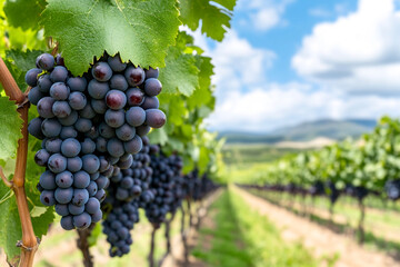 Naklejka premium A vineyard with rows of grapevines, showcasing the beauty and diversity in wine production. A close-up shot captures detailed grapes hanging from vines against a backdrop of blue skies and white clou
