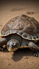 Fototapeta premium Brown and black turtle with textured shell, sitting on sandy surface