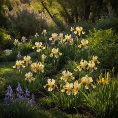 Fototapeta premium Field of yellow daffodil flowers in lush, green garden setting with trees and other plants in background