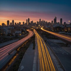 Obraz premium Bustling city skyline at sunset, with busy highway in foreground featuring colorful light trails from passing vehicles. Skyscrapers of downtown area silhouetted against vibrant orange and pink sky