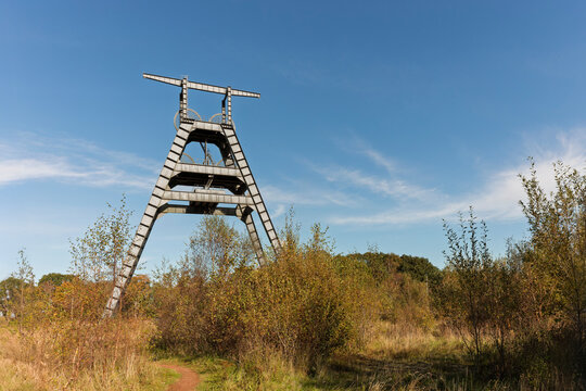 Barony A-Frame pithead winding head gear tower memorial and visitor park, historic industrial heritage site East Ayrshire Scotland