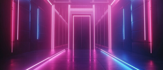 Fototapeta premium Neon Lights Illuminate Empty Corridor with Pink and Blue Glowing Lines, Neon Lights Illuminate Empty Corridor with Pink and Blue Glowing