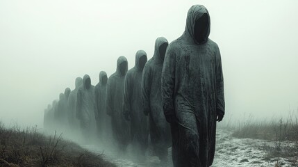Obraz premium A group of people are walking in the rain, all wearing wet, dirty