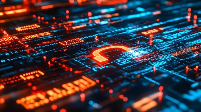  digital lock, shield, and binary code