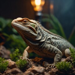 Fototapeta premium A lizard basking under a heat lamp on a rock in a detailed terrarium.