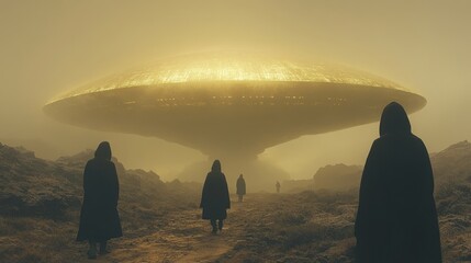 A group of people are walking through a desert with a large