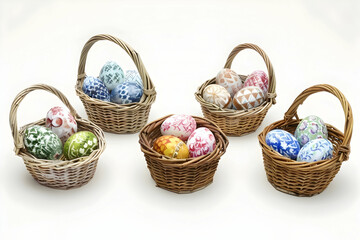 Five wicker baskets, each containing Easter eggs with intricate patterns, arranged on a white background.