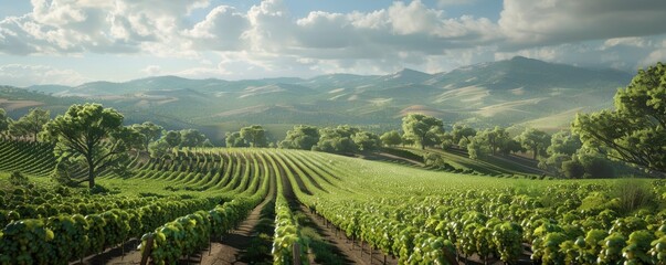 Scenic vineyard with grapevines and rolling hills, 4K hyperrealistic photo