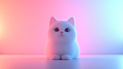 A white cat is sitting on a table in front of a pink background