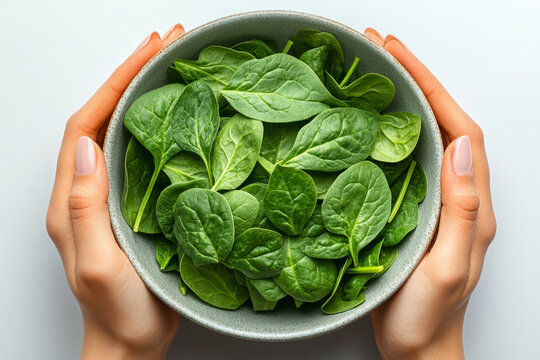 Promoting a healthy and nutritious diet: woman showcasing a bowl of fresh spinach leaves