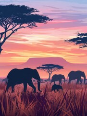 Obraz premium Elephants walk gracefully through the savanna at sunset, silhouetted against a stunning sky and distant mountains. Generative AI
