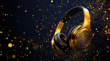 Fototapeta premium 3d rendering of golden headphones with glitter on dark background,