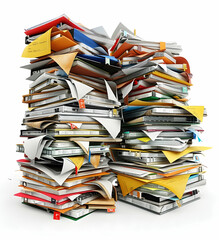 A large stack of paper and files in binders, folders, and documents, isolated on white.