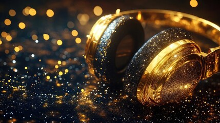 3d rendering of golden headphones with glitter on dark background,