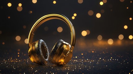 Obraz premium 3d rendering of golden headphones with glitter on dark background,