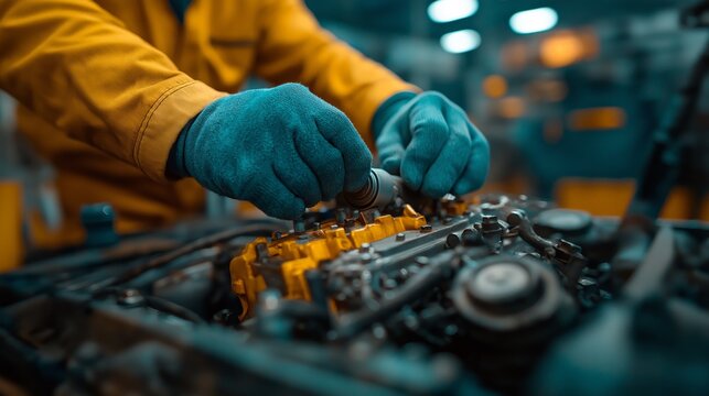 Mechanic in gloves repairing engine components in industrial workshop, close-up of hands working on machinery. Blue and yellow color scheme highlighting precision and craftsmanship in mechanical engin