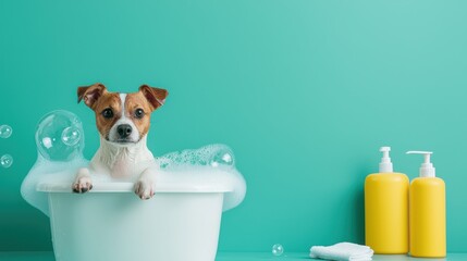 playful dog enjoys bubble bath at home, surrounded by soap bubbles and yellow shampoo bottles against teal background. scene is cheerful and bright