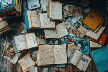 Overhead View of Opened Journals and Diaries