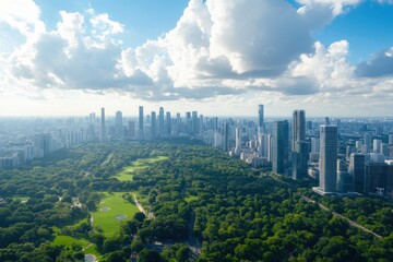 Obraz premium Modern city skyline juxtaposed with a sprawling green park. A breathtaking aerial view.