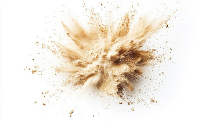 Brown powder exploding on white background creating a dynamic shape