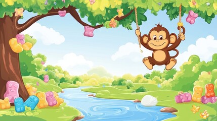 Naklejka premium Cute Monkey Swinging from Gummy Bears on Tree Branch Over Candy River in Colorful Illustration
