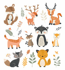Fototapeta premium A collection of cute woodland animals with leaves on a white background.