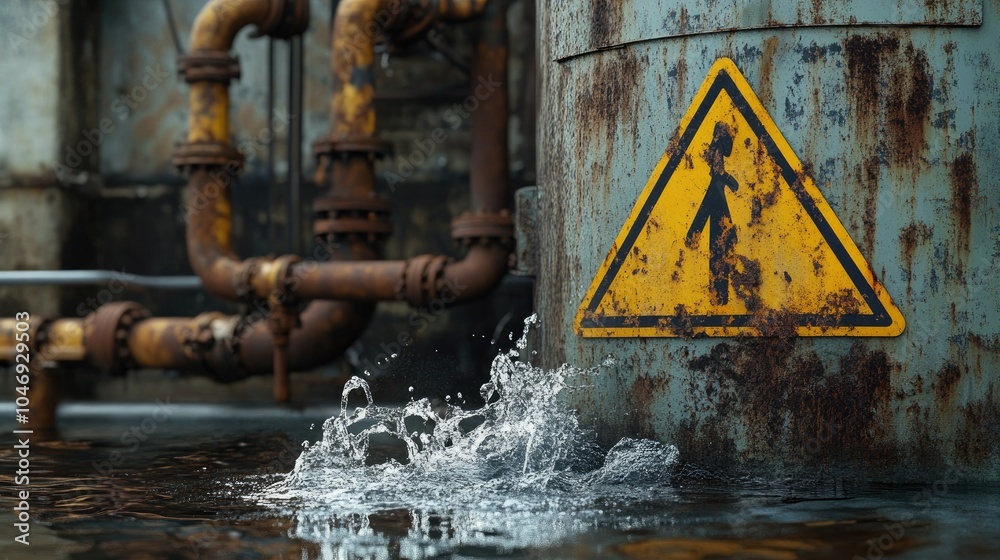 Poster a burst of water forming a caution symbol, rusty pipes behind it, representing pipe failure.