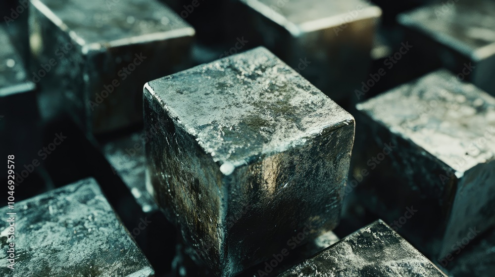 Poster a close-up view of lithium blocks, highlighting their raw, metallic texture and importance in energy