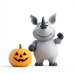 Naklejka premium Cheerful Cartoon Rhinoceros Carving a Pumpkin for Halloween