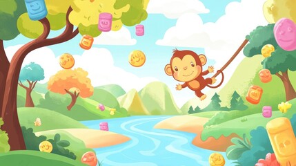 Fototapeta premium Cute Monkey Swinging from Gummy Bears on Tree Branch Over Candy River in Colorful Illustration