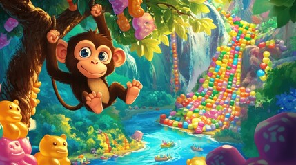 Fototapeta premium Cute Monkey Swinging from Gummy Bears on Tree Branch Over Candy River in Colorful Illustration