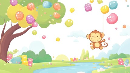 Cute Monkey Swinging from Gummy Bears on Tree Branch Over Candy River in Colorful Illustration